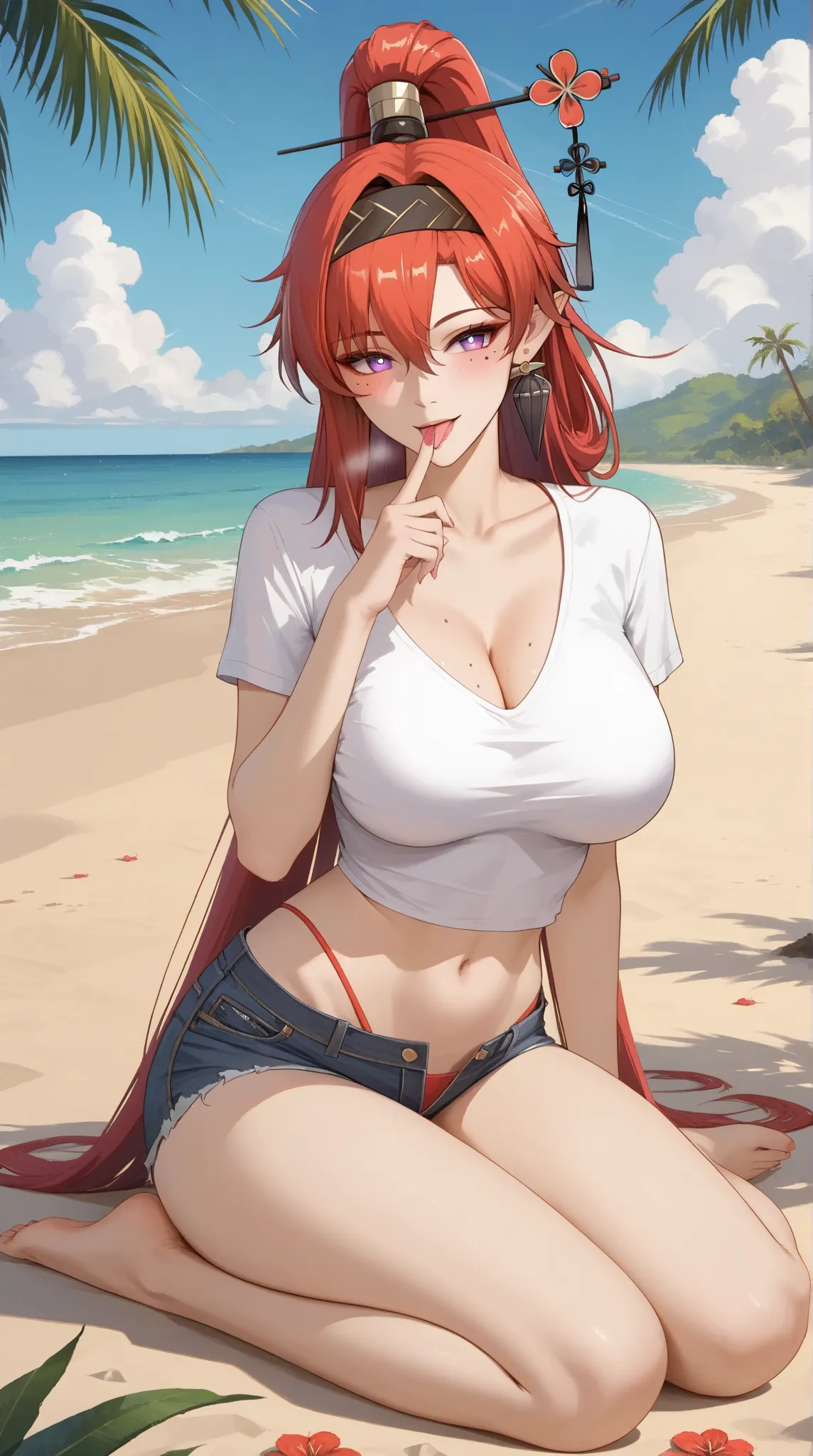 ((Yinlin, red hair, mole under eye, purple eyes, hair stick, hair ornament)), 1girl, huge breasts, huge butt, thick thighs, sensual woman, mature female, blushes, cleavage, full body, source_anime, quality_masterpiece, anatomically correct, beautiful face,...