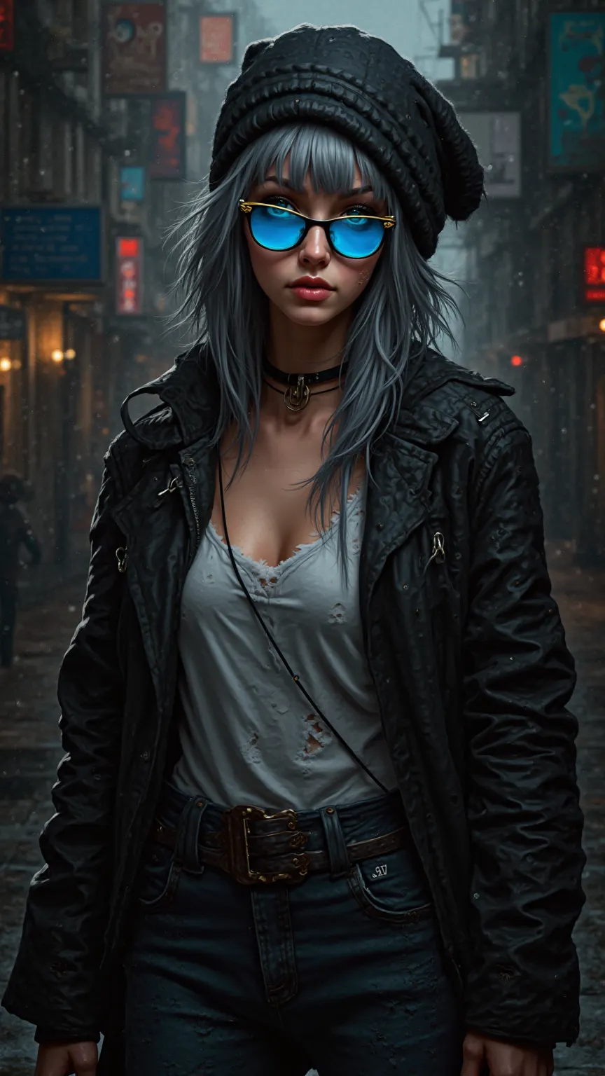 Cute female cyberpunk hacker with blue colored glasses, in a jacket with a beanie long grey hair half tee-shirt ripped jeans cyberpunk 2077 poster art.