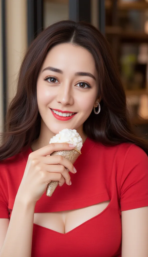 (Plump muslce:1.5) 1 beauty plump korean woman sitting and eating ice cream , at coffeshop , sunbathing in this afternoon , melancolic romantic, casual outfit wearing red top and long span anc using white snickers shoes . seductive pose, relax pose , dynam...