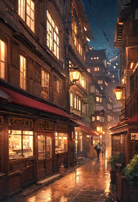 "A nostalgic Taisho-era street in Japan. Wooden townhouse-style buildings with intricate latticework, warmly glowing gas lamps, and vintage streetcars pass by. On the corner is a retro coffee shop with elegant stained-glass windows, whose warm light spills...