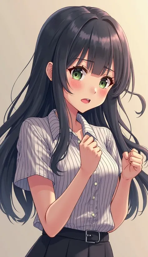 fist pose　　straight hair that reaches the shoulders - (Short sleeve襟付ボーダーシャツ)（((Short sleeve))） - Onyx　striped collared shirt　 long hair　Short sleeve　Anime Picture　 hair is unraveling after vaginal 　　黒髪long hair　25 year old OL 　showing motivation　trying to...