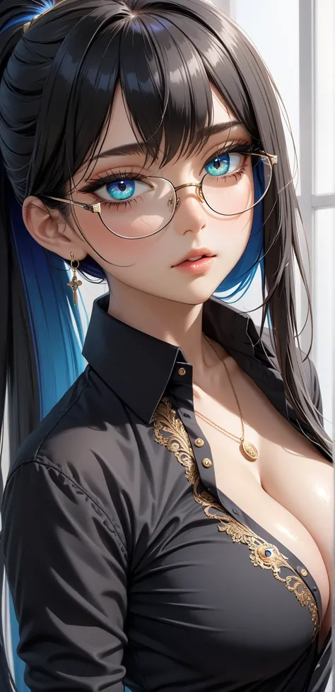 Random pose , ((Ultra detailing)), ((very aesthetic, best quality, ultra detailed)), intricate details, 1girl, ((long hair, Black hair, High ponytail, blue inner hair)), ((Multi colour eyes)), ((Detailed eyes)), ((Beautifull eyes)), ((prefect eyes)), ((Ult...