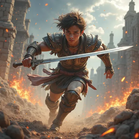 An 18 to 20-year-old young warrior in an intense action pose, wielding a sword while running forward. He has a determined and fearless expression, with sharp eyes filled with courage and focus. His strong, athletic physique showcases his agility and streng...