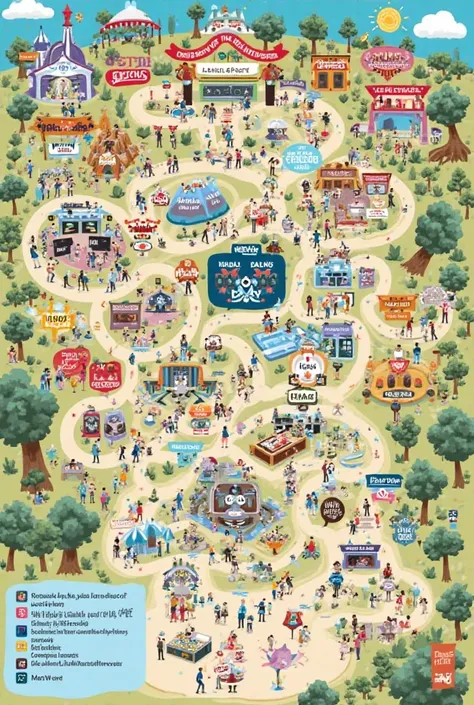 Create me a map of a festival that is a map format so that people don't get lost.  all written in English  