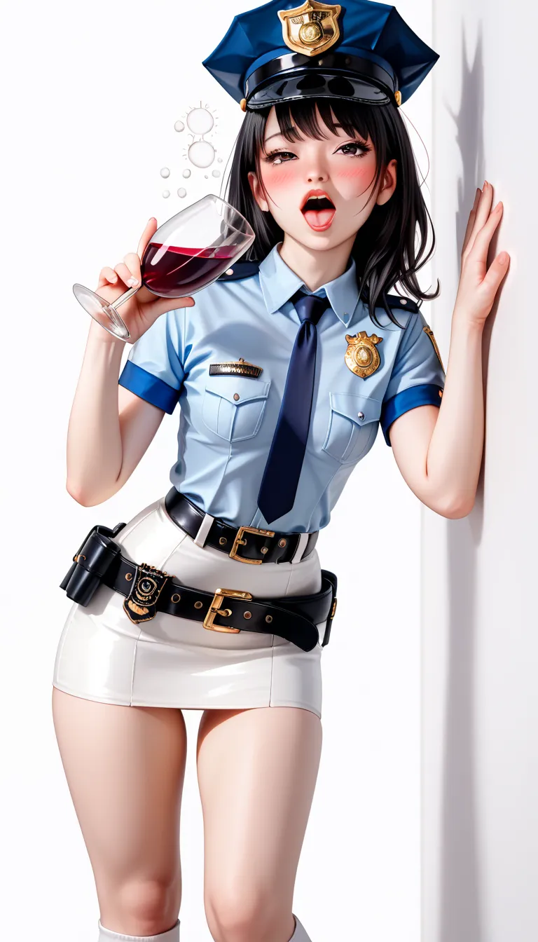  Beautiful Japanese Women,( 1girl :1.5),(slender body:1.2),( small tits:1.0),(white collared ultra short sleeve police shirt:1.2),(white super mini police skirt:1.2),(black leather equipped police belt:1.5),real skin ,small breasts, black hair, Super Detai...