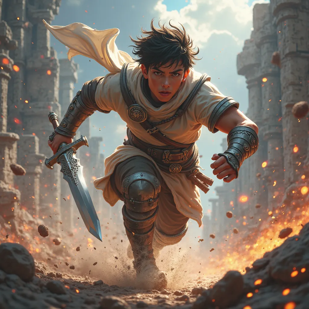 An 18 to 20-year-old young warrior in an intense action pose, wielding a sword while running forward. He has a determined and fearless expression, with sharp eyes full of courage. His strong, athletic physique showcases his agility and strength. His outfit...