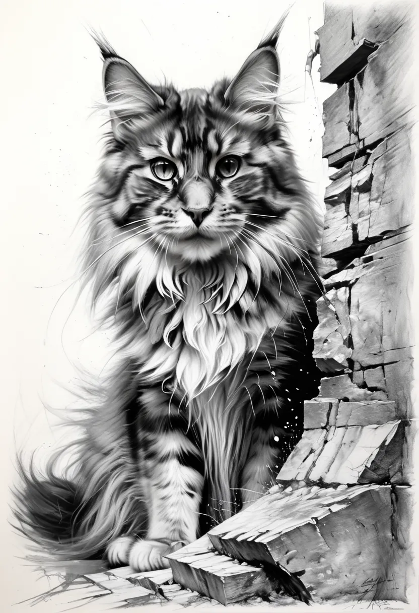 (masterpiece), (best quality), (ultra detail), Charcoal and chalk drawings. Sketch, (Hyperrealism), mj, RTX, 4k, HDR, Anna Razumovskaya, Casey Baugh, Antonio Mora, Aminola Rezai, Giovanni Boldini, art, sneezing Mainecoon tearing apart the wall because the ...