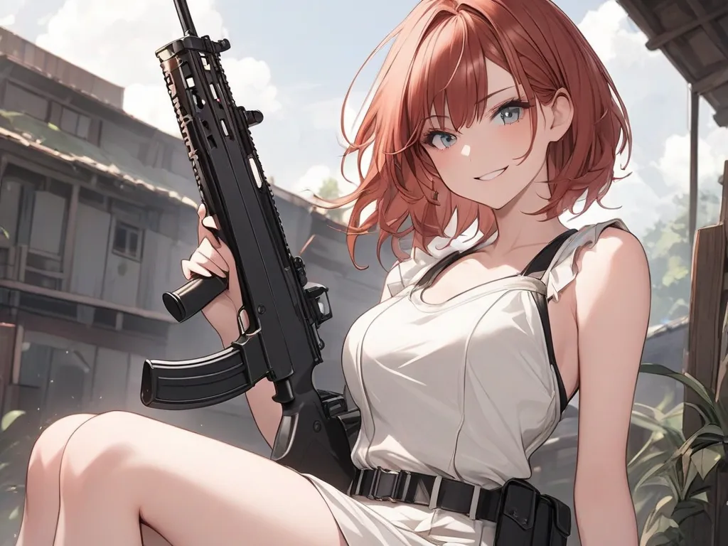 Redhead and shorthair woman in slightly sexy military dress。I'm holding a rifle