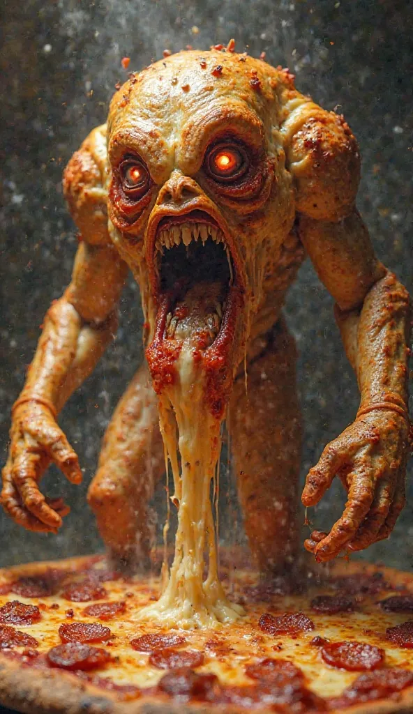 The pizza convulses, its crust splitting open as it rises into a grotesque humanoid form. Thick, molten cheese drips from its elongated limbs like melting flesh, while strands of greasy mozzarella dangle like sinewy tendons. Its face is an oozing, uneven m...