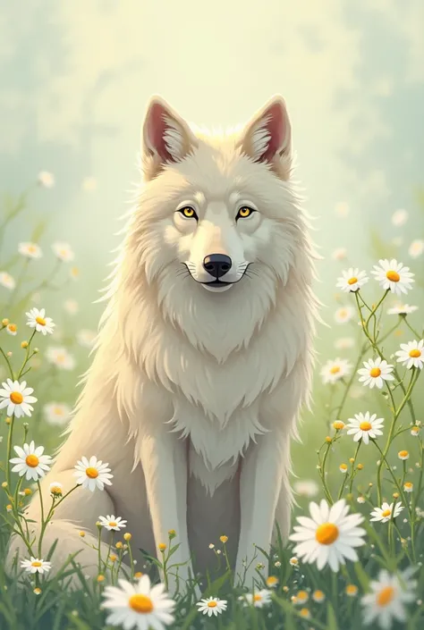 A pale cream and white wolf with pale, yellow eyes and a field with daisies anime style