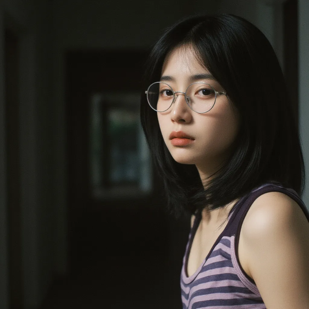 Middle School Girl Wearing Oval Silver-rimmed Glasses, black hair semi-long hair,straight hair,Purple Horizontal Striped Tank Top, shot from the waist , taken from the side, rough skin,crying,The outer hallway of the condominium