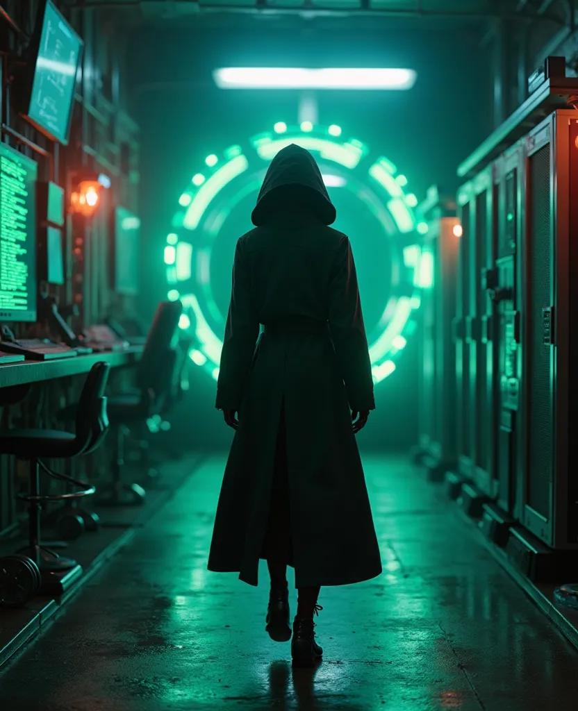 high quality,  8K Ultra HD, The neon city of the future, streets are immersed in darkness.   black girl in a long coat and hood, her face is covered by a hood and we can't see her full face. She walks into a clandestine cyber lab. There are screens with gr...