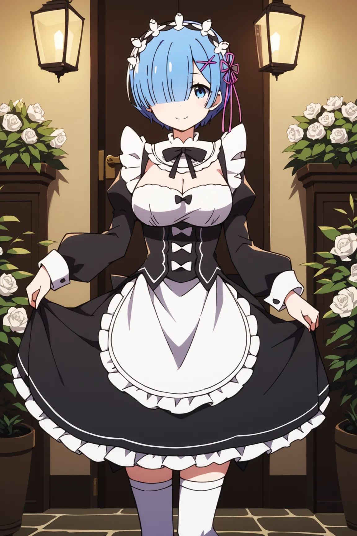  score_9,  score_8_up,  score_7_up,  source_anime, Rem,  blue eyes,  Lantern,  hair over one eye , hair ribbons,  short hair, x hair ornaments close to the garden, big breasts,, apron, black bow, black  dress, black ribbons, bow, detachable sleeves,  dress...