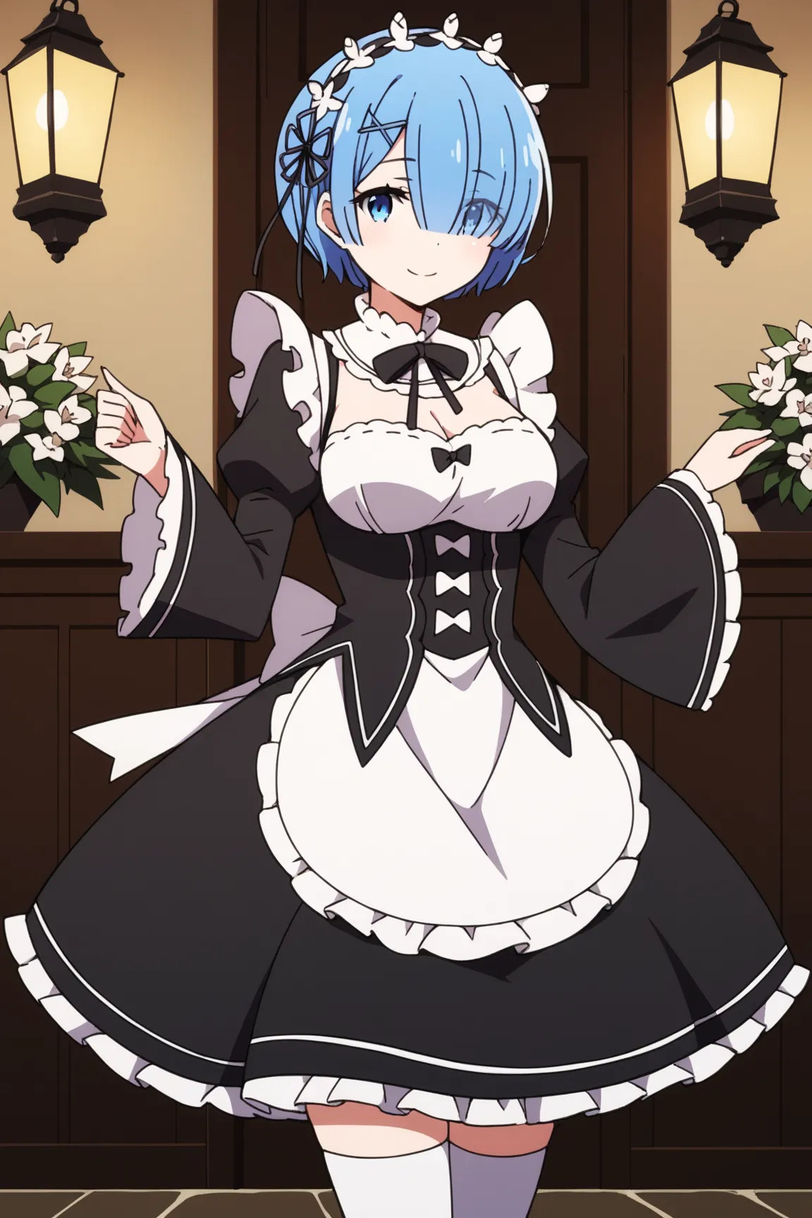  score_9,  score_8_up,  score_7_up,  source_anime, Rem,  blue eyes,  Lantern,  hair over one eye , hair ribbons,  short hair, x hair ornaments close to the garden, big breasts,, apron, black bow, black  dress, black ribbons, bow, detachable sleeves,  dress...