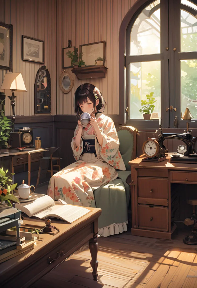 "Inside a cozy Taisho-era café, a young woman in a floral kimono and lace gloves sits by a large window, reading a book while sipping coffee from a delicate porcelain cup. Sunlight filters through stained glass, casting colorful patterns on the wooden floo...