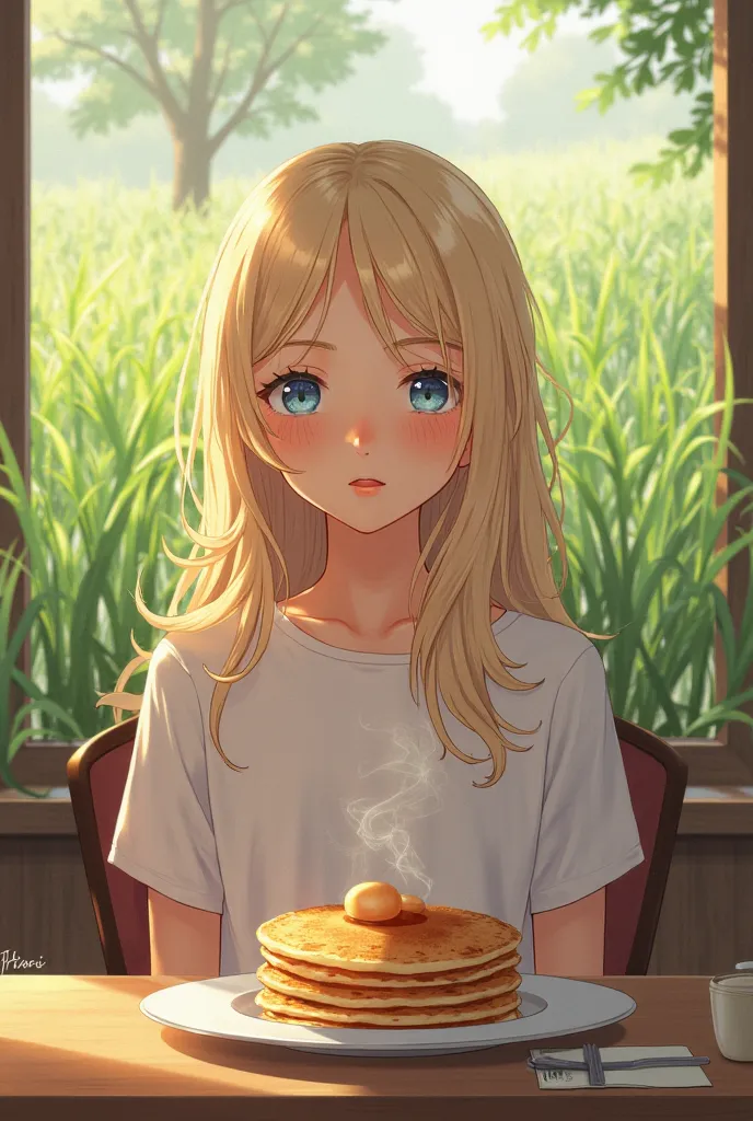 A normal looking girl who is blonde and have blue eyes and sitting on a chair and eating pancakes and watching the beautiful green grass while in a cafe