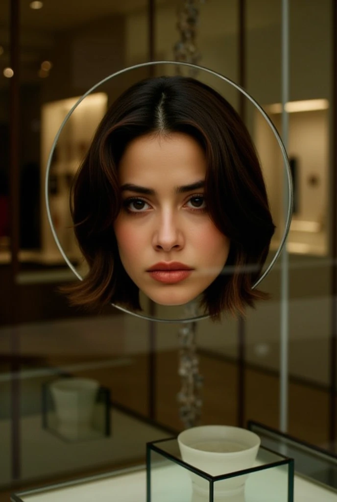 Photo of pretty 20 year old woman's disembodied head sitting in the window pane of a jewelry shop. Dark brown, medium lenth hair. Upset facial expression. Gorgeous face. Latina. She has an expressive annoyed face. Disembodied head sitting in a display case...