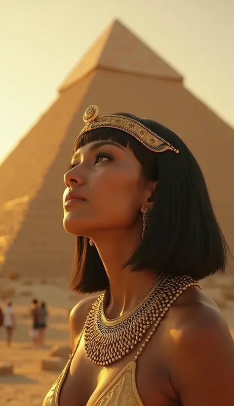 Cleopatra, Very Black Short Straight Hair, golden tiara,  with thoughts of doubt, looking at the sky,With a perfectly placed hand on the chin, beautiful, Perfect 8k ,   cinematic look  , perfect and ethereal , Delightful with a face, full of doubts, in fro...