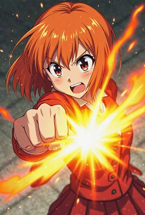 anime style、 high school girl、orange hair、bob hair、The Fire-Blowing Seiken Punch