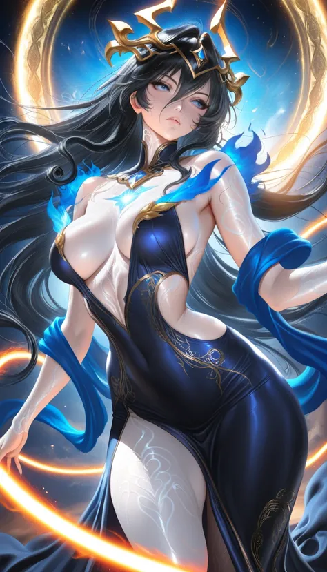 (masterpiece, best quality, 8k, extremely detailed),
1girl, Azathoth – Dragon God of Chaos in human form,
a strikingly beautiful, ethereal human woman with pale white porcelain skin subtly etched with delicate cosmic markings,
long, sleek black hair flowin...