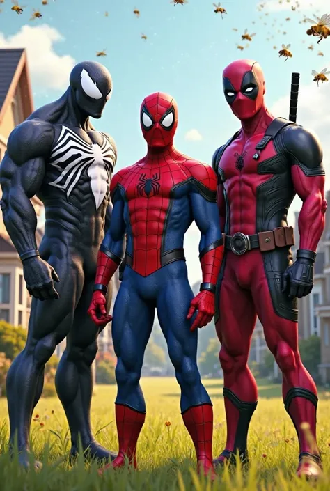 8k realistic ultra HDR Three superhero characters, Venom, Spider-Man, and Deadpool. Venom, positioned on the left, is clad in black and white suit with prominent details. Spider-Man, centered, wears a red and blue suit with a spider web pattern. Deadpool, ...