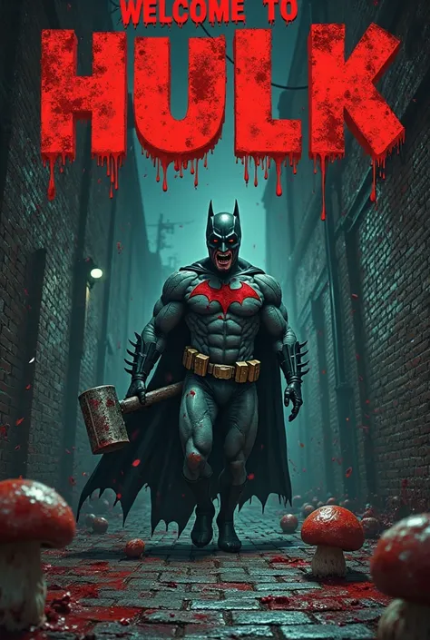 A horror movie poster with the printed title: A dimly lit alleyway sets the stage for this horror movie poster. The once bright and cheerful "HULK" logo has been transformed into a disturbing and twisted "WELCOME TO HELL!!!" title. The once red cap of our ...