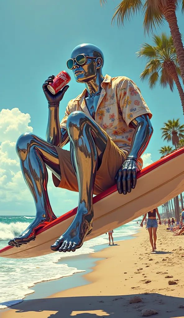 A stunning 2D comic-style illustration, rendered in bold, high-contrast DC and Marvel aesthetics, captures Silver Surfer in full cosmic chill mode, casually lounging on his levitating surfboard, 10 feet above Venice Beach. The midday California sun beams d...