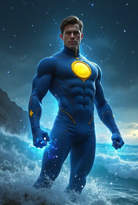 Create an image of "A superhero wearing a blue suit with a large yellow circle in the center, symbolizing the moon on the Palauan flag. They have the power to manipulate light and control the tides."