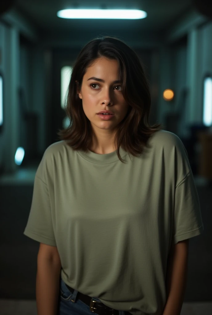 Photo of pretty 20 year old woman's wearing a baggy oversized t-shirt. Dark brown, medium lenth hair. Scared facial expression. Gorgeous woman wearing an oversized crew neck t-shirt. She's wearing a men's t-shirt. She has an expressive frightened face. Cin...