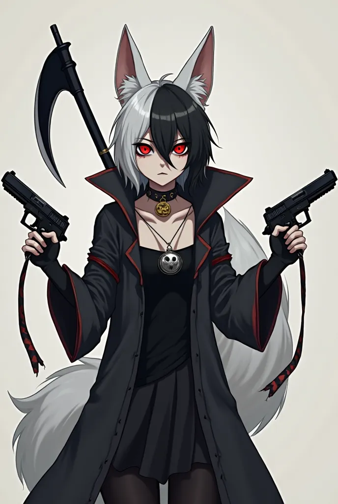 ( human half fox boy with a White fox tile and ears black  clothes/white hair cover face/ black collar with silver bell/ black face make and big black sickle on the back/ two guns in hand/ red glowing eyes)