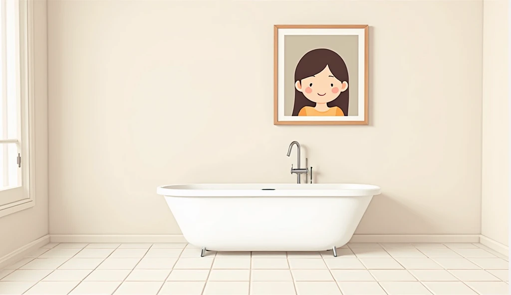 Minimalistic cartoon photo of bathroom with empty bathtub and a frame with the picture of a pretty girl hanging on the wall