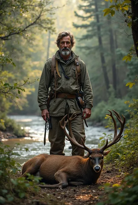 a hunter that is being photographed with the deer that he caught in the forest by the river