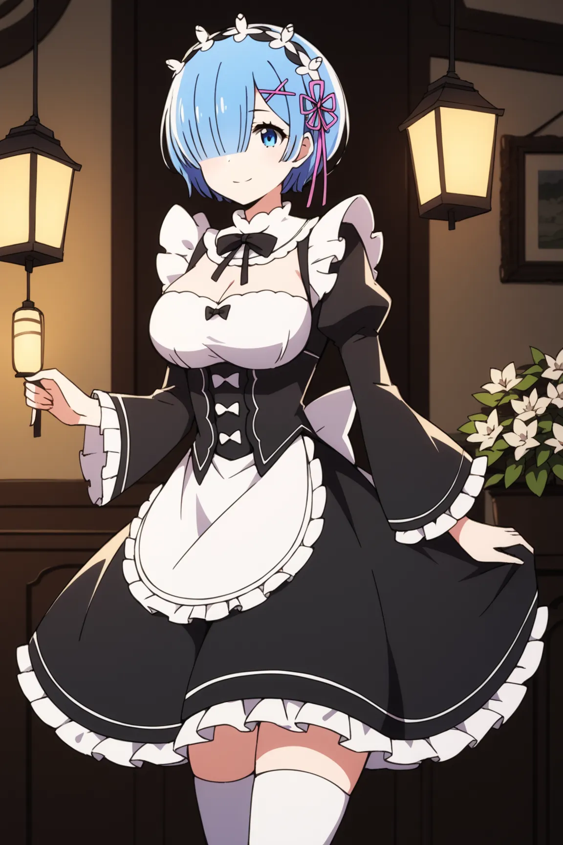  score_9,  score_8_up,  score_7_up,  source_anime, Rem,(big breasts),  blue eyes,  Lantern,  hair over one eye , hair ribbons,  short hair, x hair ornaments close to the garden, big breasts,, apron, black bow, black  dress, black ribbons, bow, detachable s...