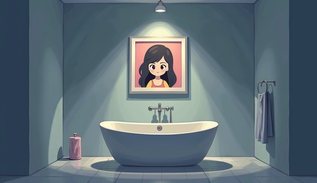 Minimalistic cartoon photo of bathroom with empty bathtub and a frame with the picture of a pretty girl hanging on the wall nighttime 