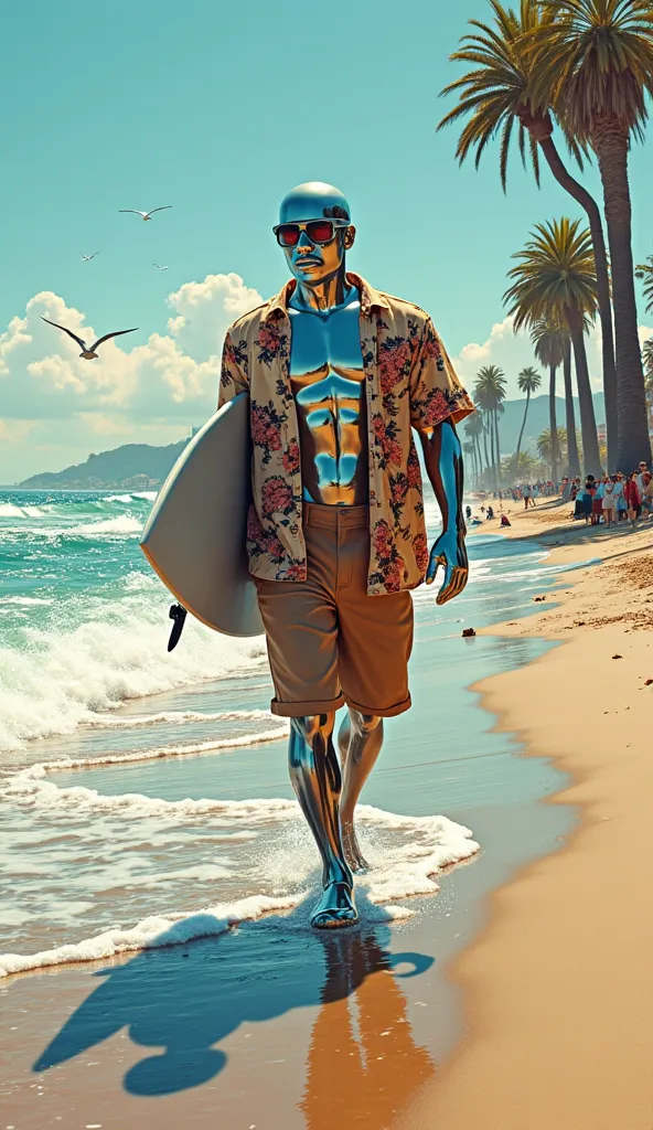 A stunning 2D comic-style illustration, drawn in the bold, high-contrast aesthetics of DC and Marvel, captures Silver Surfer striding majestically along the Venice Beach shoreline, his chrome body reflecting the golden midday sun. The waves crash gently be...