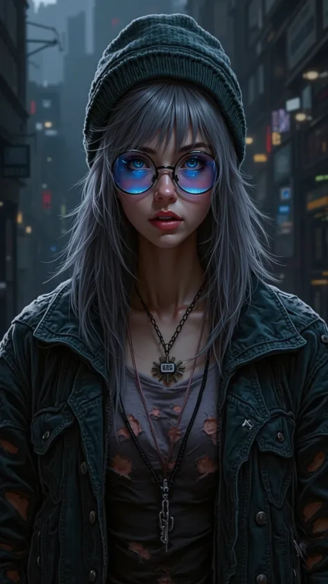 Cute female cyberpunk hacker with blue colored glasses, in a jacket with a beanie long grey hair half tee-shirt ripped jeans cyberpunk 2077 poster art.