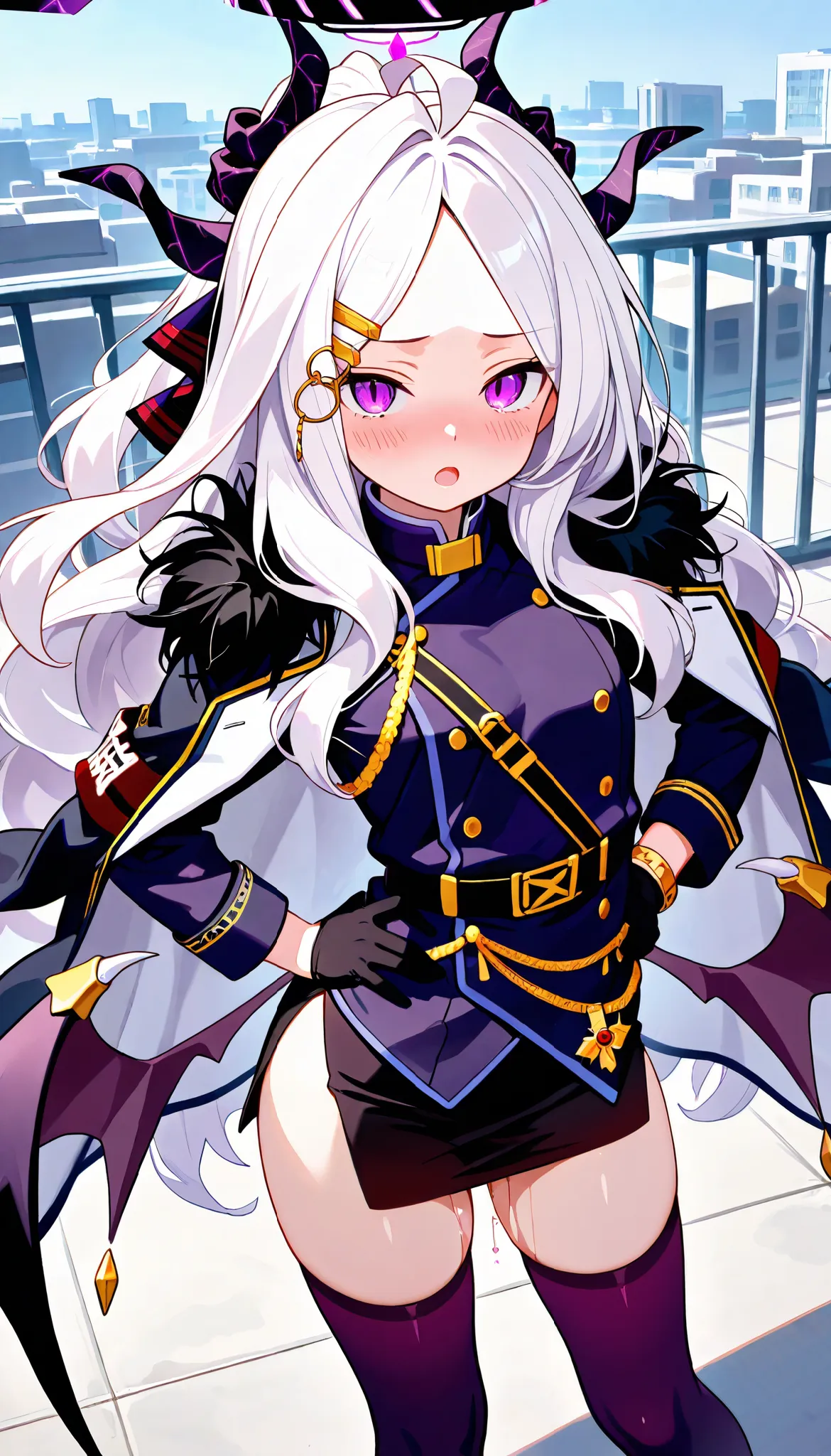 HD、TOP QUALITY、NSFW,masterpiece, 1girl ,Alone,girl possession,standing,Contrapposto,looking at viewer,sorasaki hina, purple eyes, white hair, very long hair, parted bangs, ahoge, multiple horns, halo, Wings, low Wings, hairclip,fur-trimmed coat, black coat...