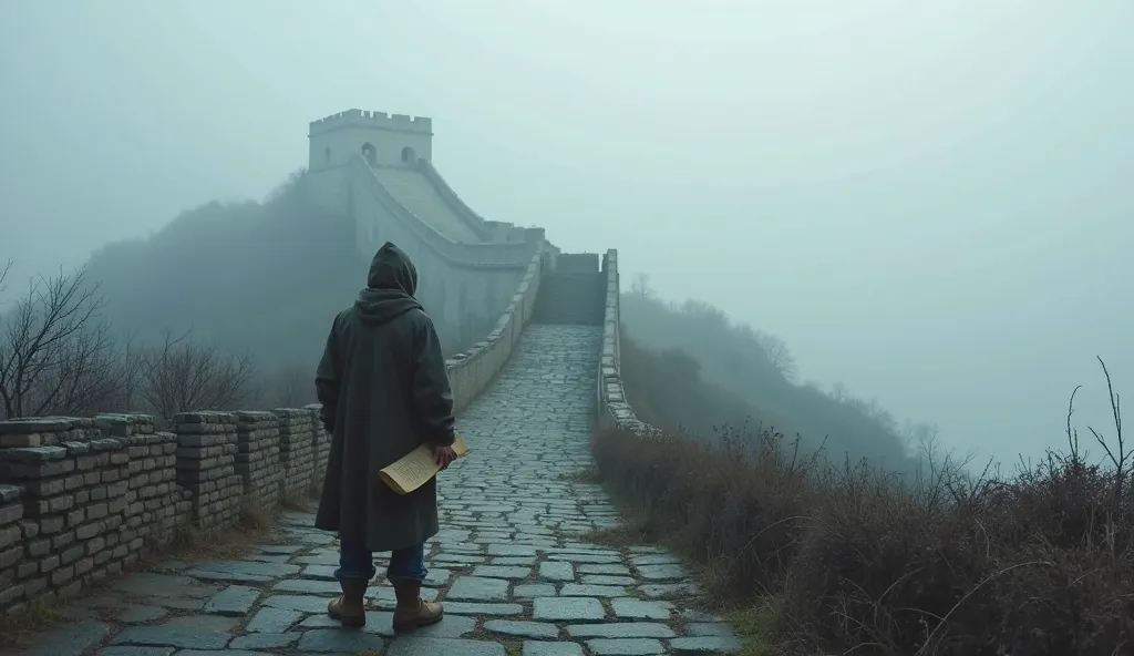 A quiet, contemplative scene set along the Great Wall of China, shrouded in the mist of early morning. The Wall stretches across the landscape, disappearing into the fog, its towering stones fading into the distance. At the base of the Wall stands a lone f...