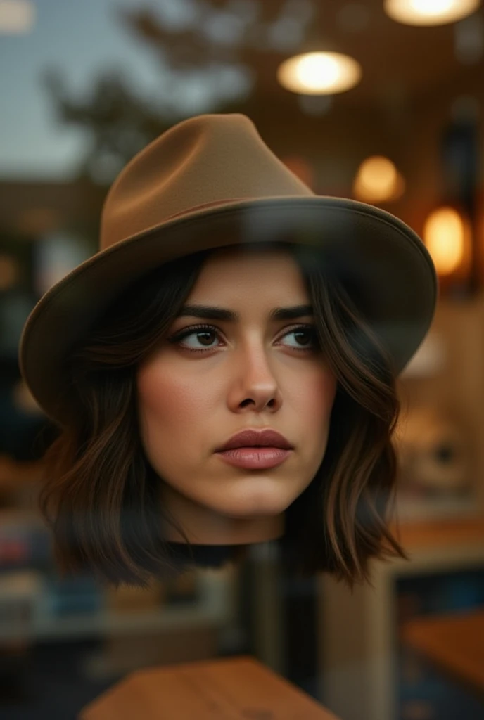 Photo of pretty 20 year old woman's disembodied head sitting in the window pane of a hat shop. Dark brown, medium lenth hair. She is wearing a hat. Upset facial expression. Gorgeous face. Latina. She has an expressive annoyed face. Disembodied head sitting...