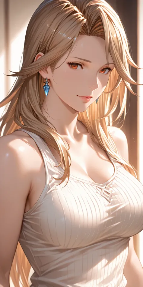 Masterpiece, very aesthetic, vibrant, high contrast, elegant mature woman, katalina (granblue fantasy), upper body, tank top, soft light, best quality, semrealistic, granblue fantasy cg style