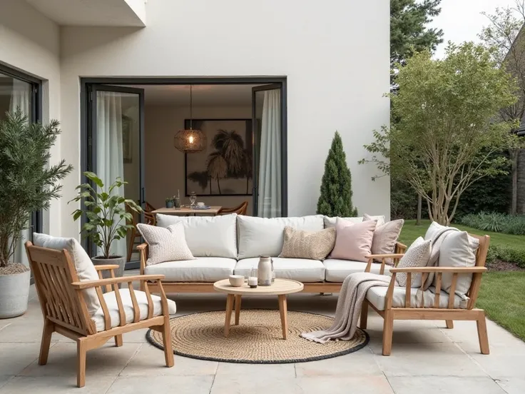 A sleek Scandinavian minimalist patio featuring neutral tones, simple wooden furniture, cozy blankets, and potted greenery. Clean lines and functional design create a serene and inviting outdoor space.