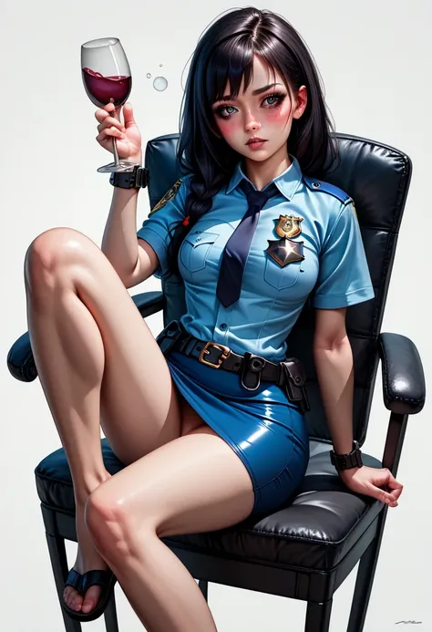  beautiful Japanese girl ,( 1girl :1.5),( Slim Body:1.2),( small tits:1.0),(white collared ultra short sleeve police shirt:1.2),(white super mini police skirt:1.2),(black leather equipped police belt:1.2),real skin ,small breasts, black hair, Super Detaile...