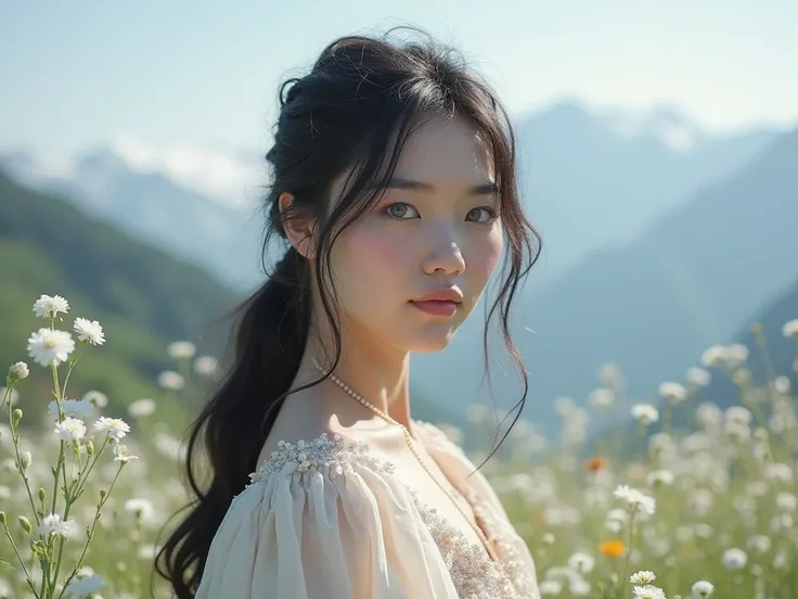 A 25 years old European woman who has long black hair in a ponytail, has shady blue eyes and pale white skin, she has thin lips, and soft smile. She is wearing crystals pastel dress, in a beautiful meadow with white flowers all around and silver mountains ...