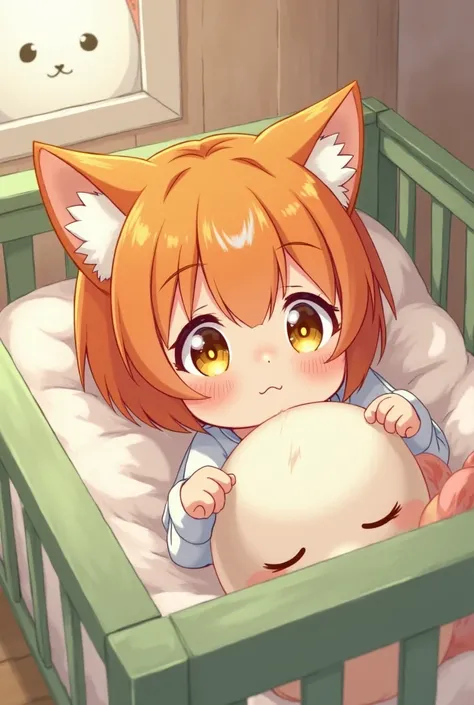 anime baby girl, golden eyes, orange short hair,The white tips of the hair, Ropita by Kinomo light green, small,In his crib, With a sleeping white fox 