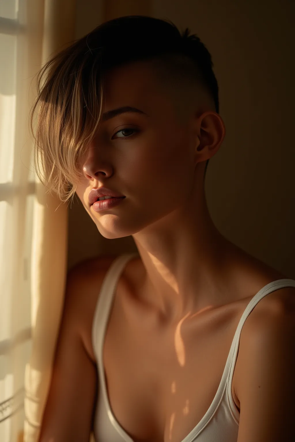 Sexy young American girl, buzz cut and long bangs that cover one side of the eye, sexy nape, white tank tops, straight and neatly styled, photorealism1.4, soft lighting, warm color tones, 8k 