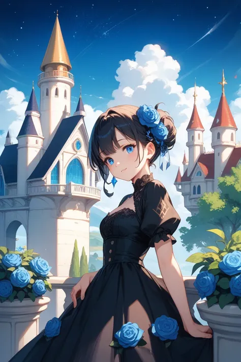 a princess in a black dress、Stand on the castle balcony。INTELLIGENT IMPRESSION。A blue flower in the hair。 blue eyes。HD。The background is a starry sky and dream light。dark but hopeful atmosphere。