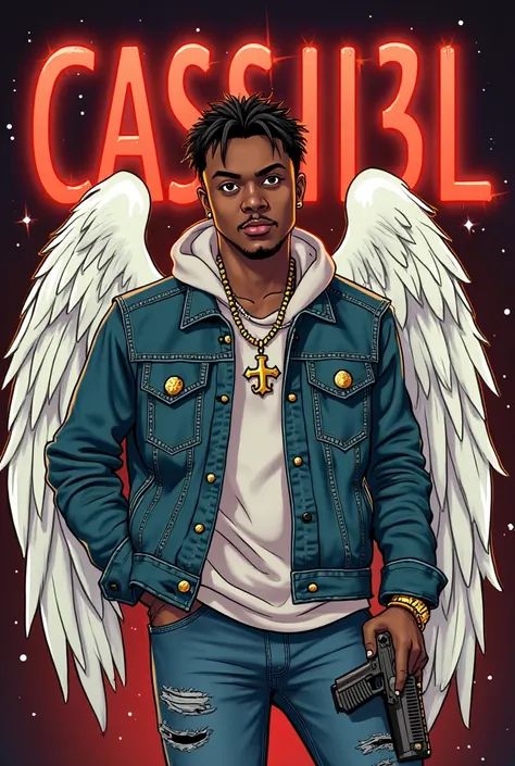 Create the cover of a trap song for an artist called CASSI3L, whose name is written on the cover and who has an animated character that is inspired by a trap singer combined with the angel Cassiel, that his clothes are those of a singer and he has a gun an...