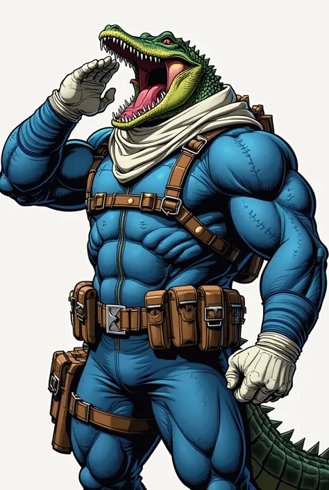 (A rugged beefy extremely muscular bulky snarling crocodile man), (wearing blue fully-zipped fullbody wetsuit), saluting, wearing bulky harness, wearing bulky scuba gear, wearing white hero scarf, muscular physique, toned muscles, fierce, heroic, action, c...