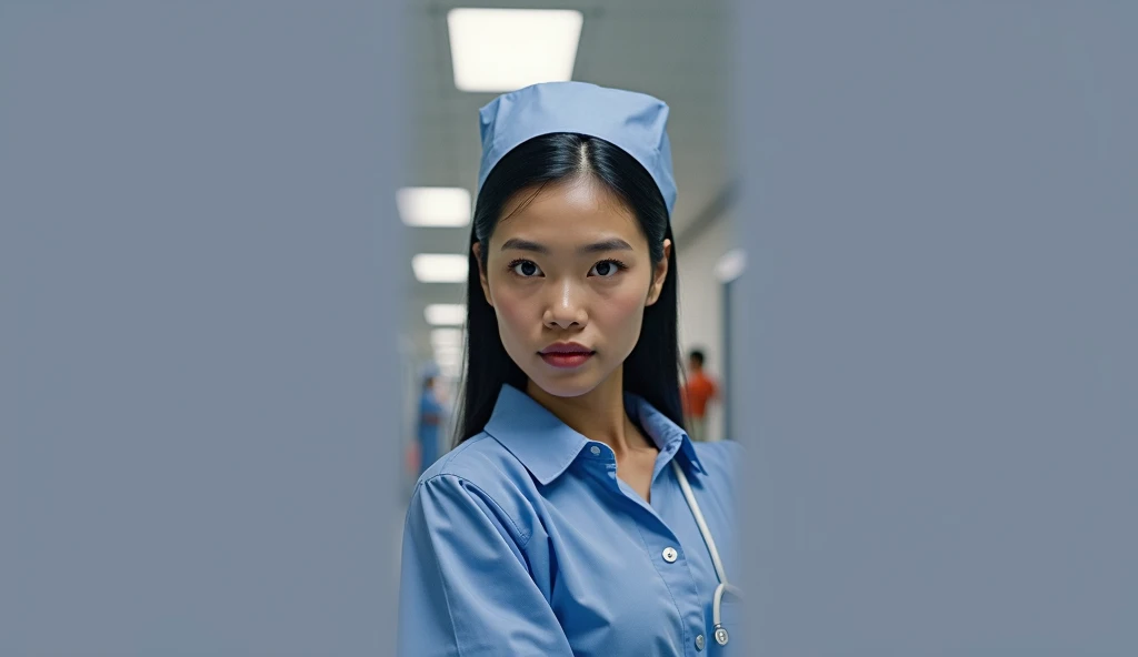 Realistic, sharp and contrast extreme close up pictures. An Indonesian woman, 40 years old, height 160 cm, weight 75 kg, fat face, straight super short black hair up to shoulders with modest bun. Wearing formal hospital nurse uniform include female nurse h...