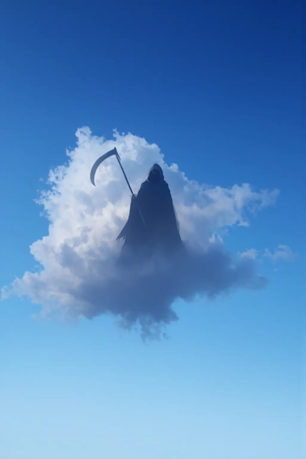 tilt shift, a single cloud in the sky in the shape of a grim reaper, absolutely clear sky